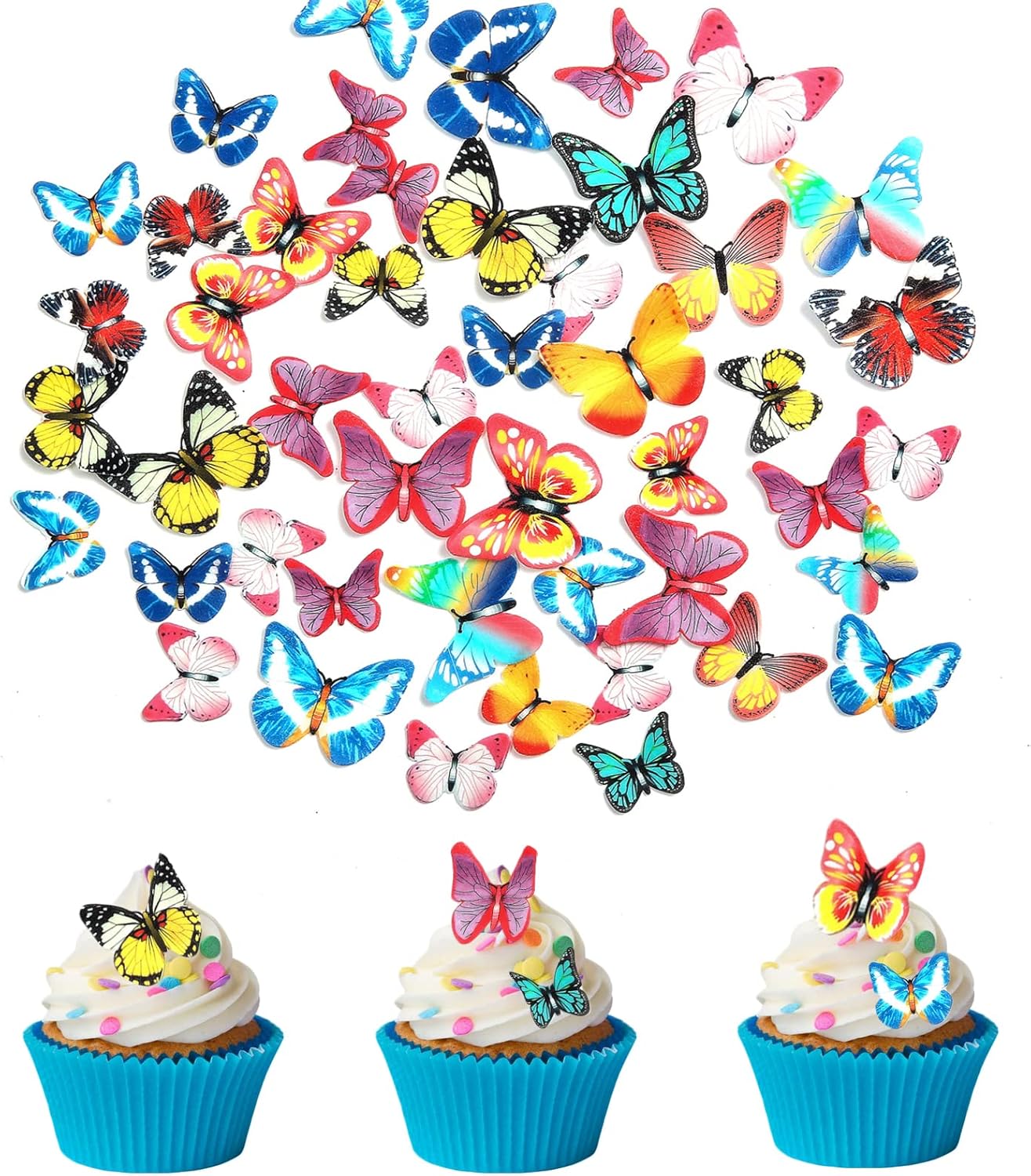 48Pcs Edible Cake Butterfly Decoration Cake Toppers Birthday Party Cupcake Toppers Mixed Size & Colour