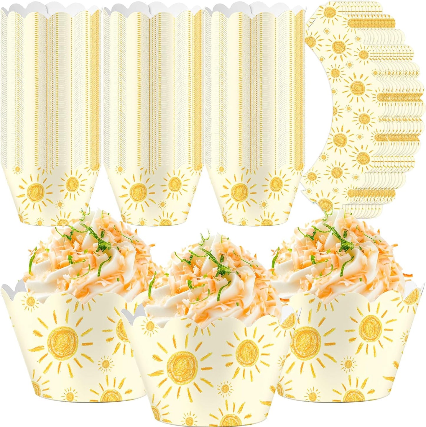 Domensi 100 Pcs Bohemian Sun Cupcake Wrappers Rustic Yellow Sunshine Cupcake Liners Baking Cups Baking Liners for Summer Picnic Wedding Bridal Baby Shower Birthday Party Supplies Dessert Decoration