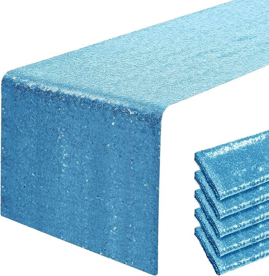 6 Packs 12 x 72 inches Blue Sequin Table Runner, Glitter Runner for Birthday Party Supplies Decorations Wedding Bachelorette Holiday Celebration Bridal Shower Baby Shower