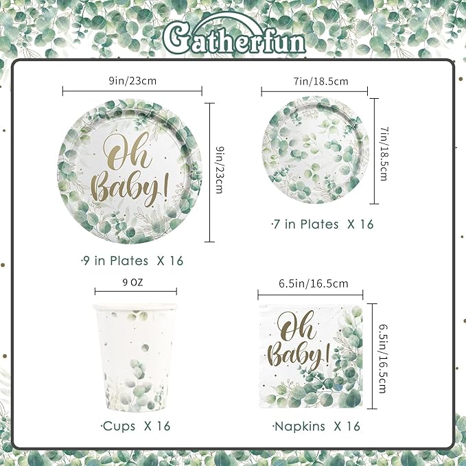 Sage Greenery Baby Shower Party Supplies Disposable Paper Plates Napkins Cups for Boho Greency Party Decorations, Serve 16.