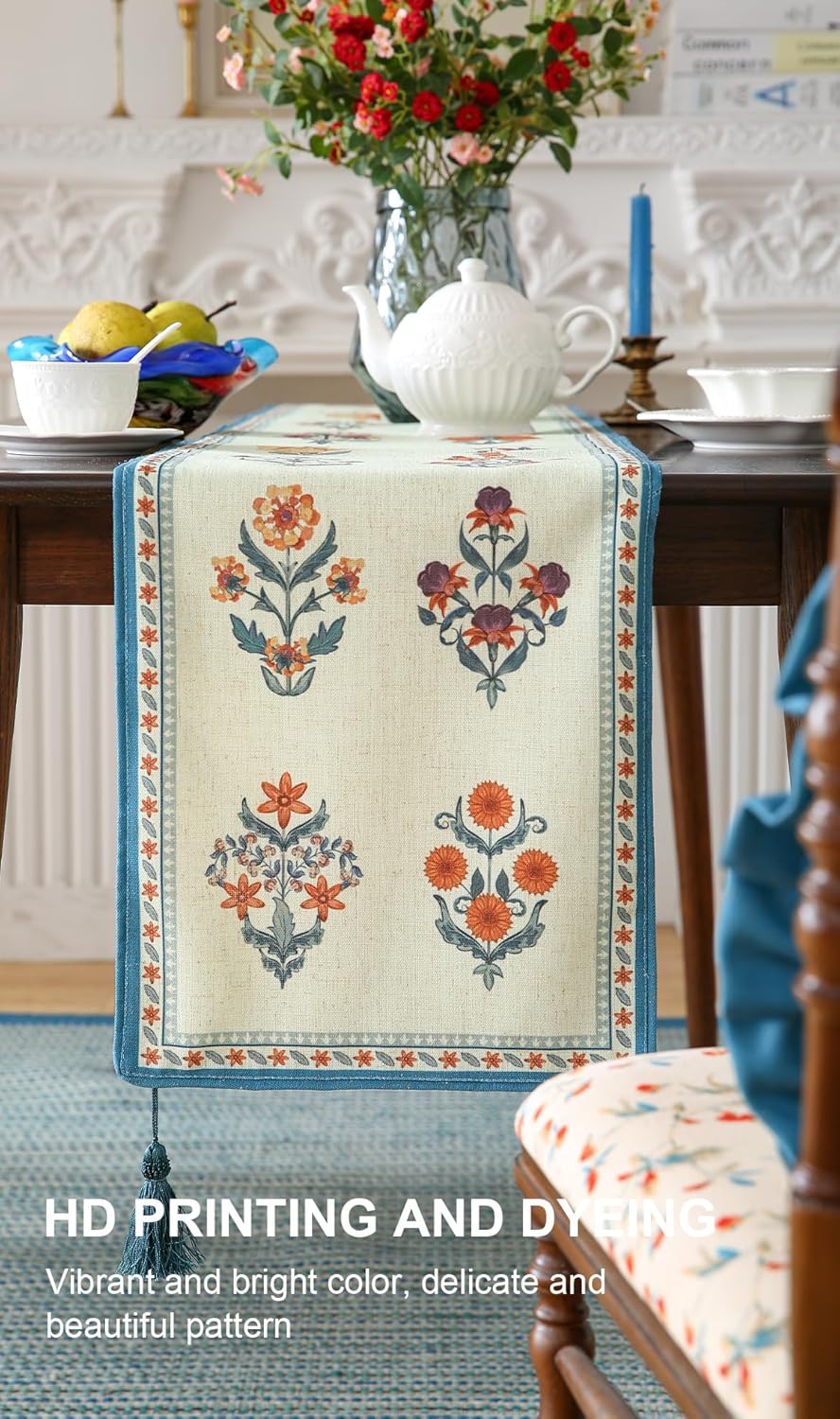 ISAENNE Designer Light Green Linen Extra Long Table Runner 118 Inches,French Floral Patterns Elegant Table Runner for Dining Tables,Thanksgiving,Kitchen Tables,Christmas,12"*118"-Floralsea B