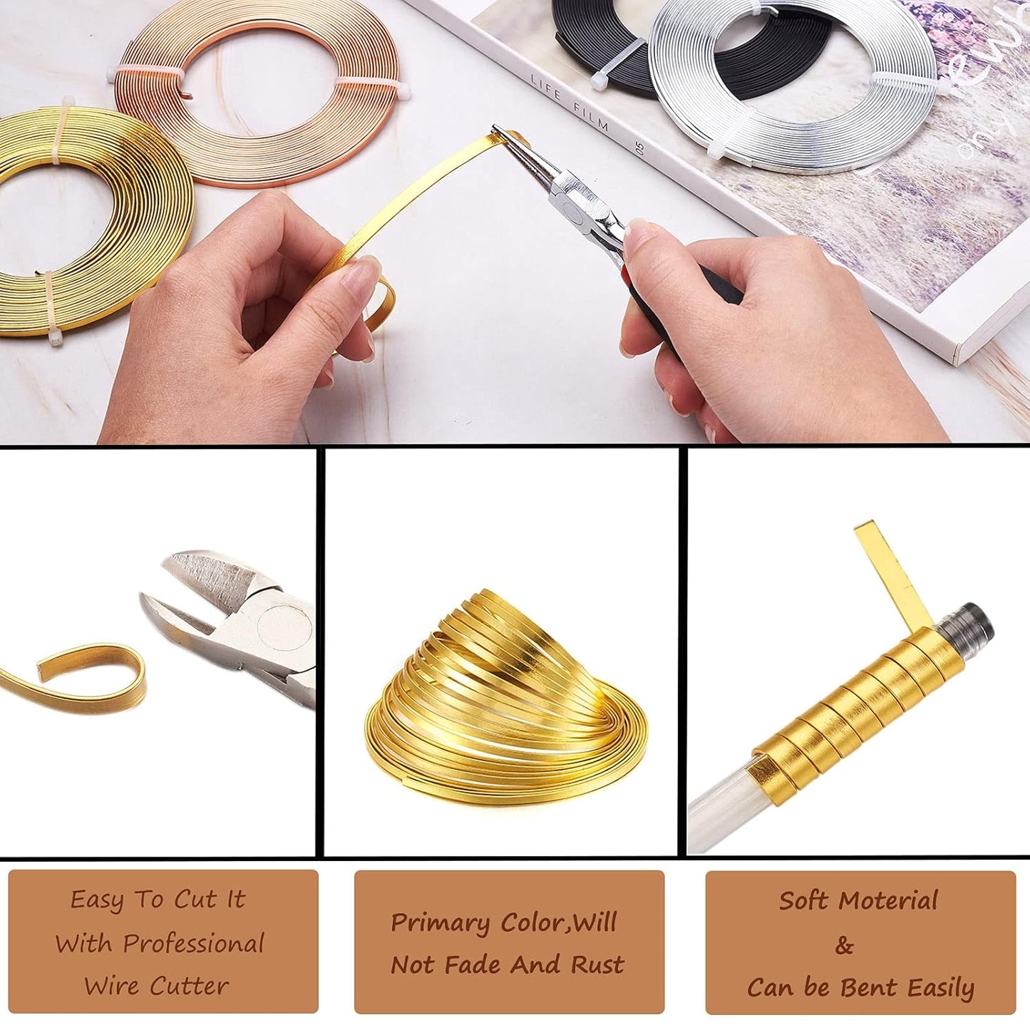 Fashewelry 65Ft 4 Colors Aluminum Flat Wire 3mm Wide Bendable Metal Craft Wire Strip 18 Gauge with Side Cutting Plier for Bezel Sculpting Armature Jewelry Making Gem Metal Wrap
