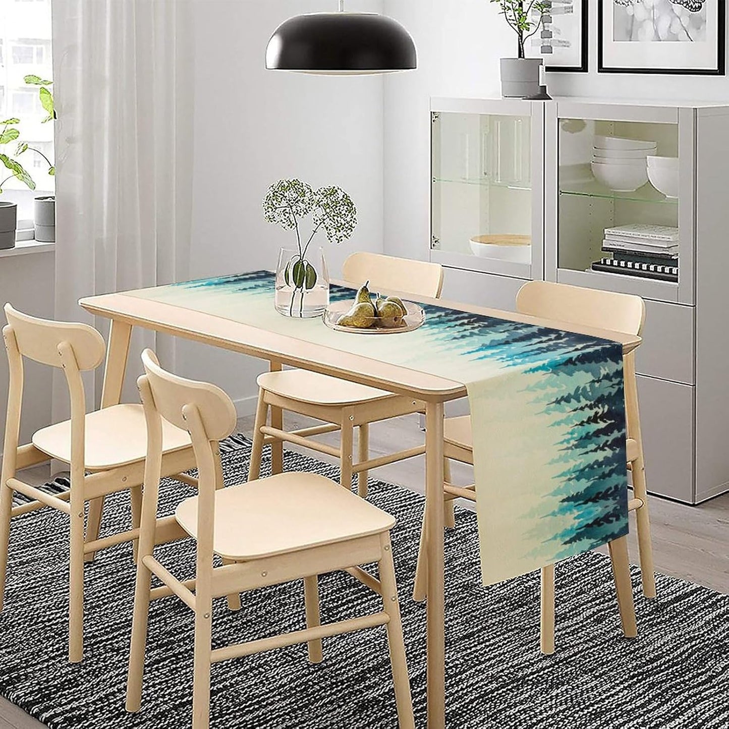 Misty Forest Table Runner,Foggy Blue Forest Landscape Table Runner for Kitchen Dining Table Home Party Decoration 13x36 Inch