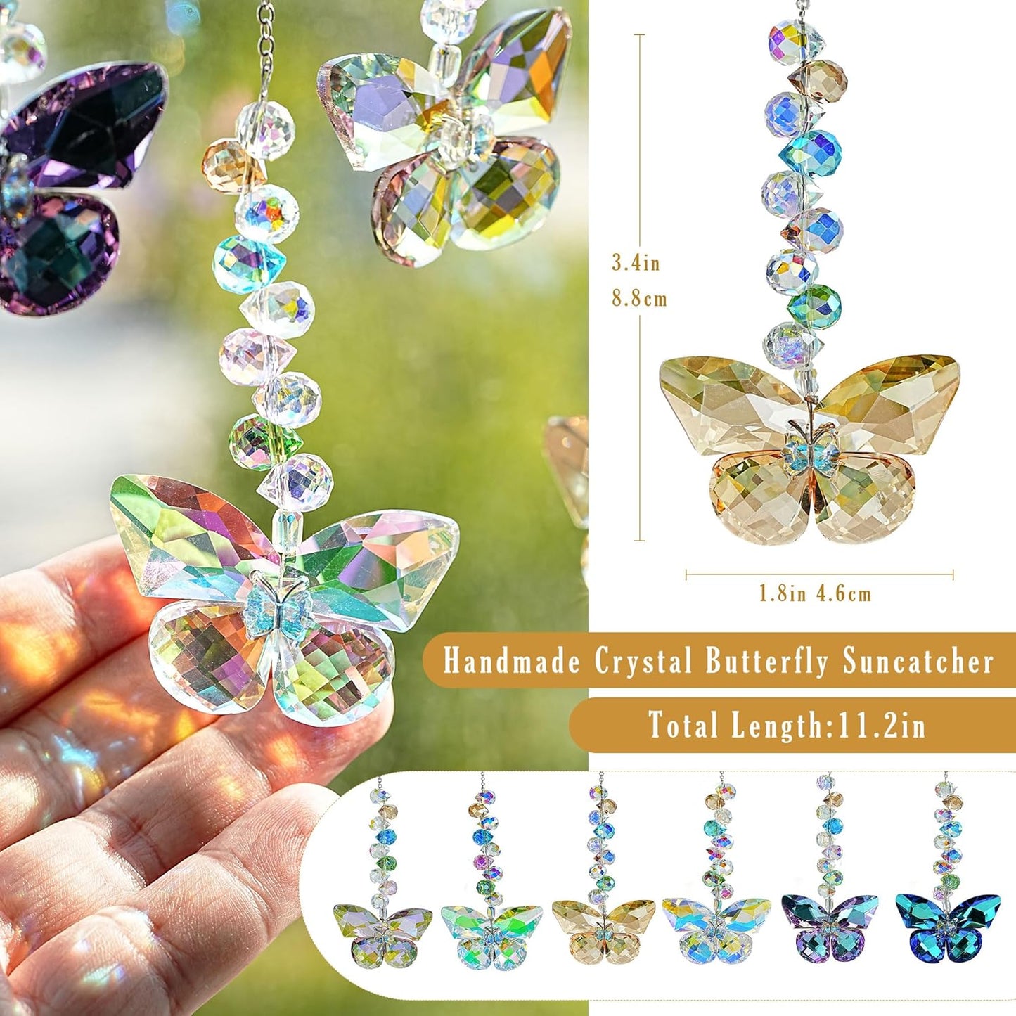 HDCRYSTALGIFTS 6PCS Crystal Butterfly Suncatchers for Window Hanging Ornaments, Rainbow Maker Sun Catchers Indoor Window Wedding Garden Home Decor Gifts