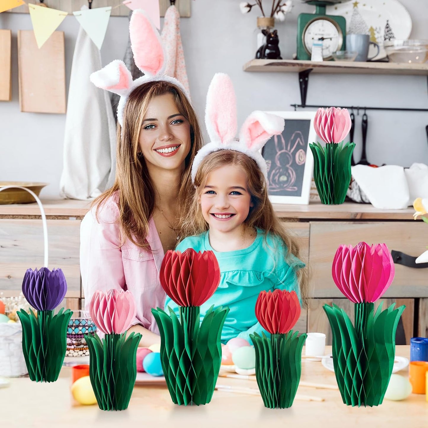 SUNBEAUTY 8 PCS Flower Honeycomb Decoration - Red Tulip Decor for Mother's Day and Spring - Table Centerpieces