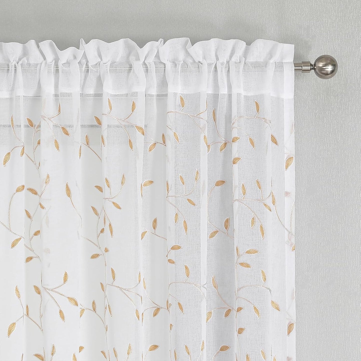 VISIONTEX White Sheer Voile Curtains, Decorative Orange Leaves Embroidery Faux Linen Rod Pocket Window Drapes for Home Kitchen, Living Room and Bedroom 54 x 63 Inch, Set of 2 Curtain Panels