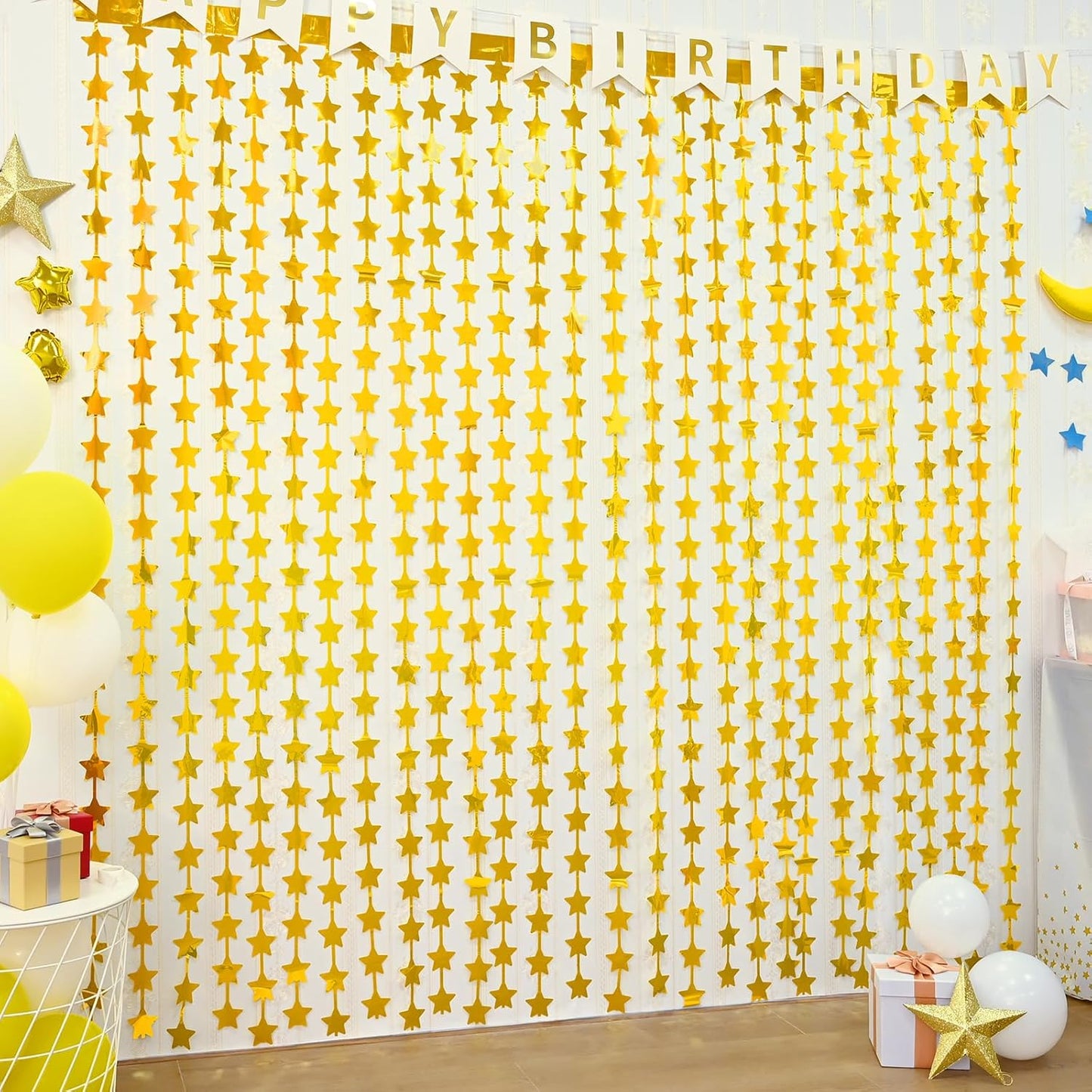 LOLStar 2 Pack Gold Stars Birthday Decorations 3.3X6.6 ft Golden Party Backdrop Foil Fringe Curtains for Bridal Baby Shower Wedding Anniversary Congrats Retirment Christmas Decors Photo Booth Props