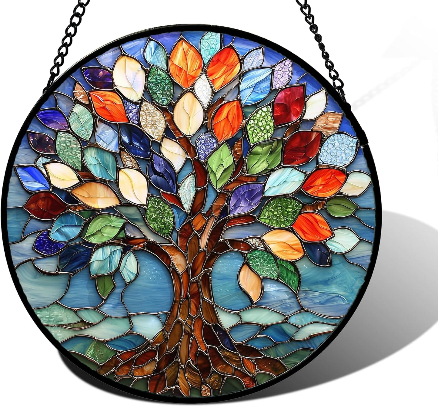 Stained Glass Window Hanging, Colorful Tree of Life Sun Catchers Glass Panel Blue Suncatcher Decor for Birthday for Women, Men, Wife, Aunt, and Mom 6.3 in