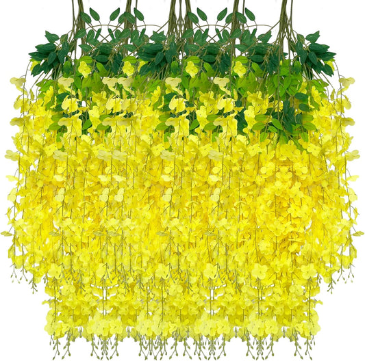 24 Pack Yellow Wisteria Hanging Flowers Garland, 3.77 Feet Artificial Flower Vines, Fake Wisteria, Artificial Vines Hanging Garland for Backdrop Outdoor Yard Garden Decor