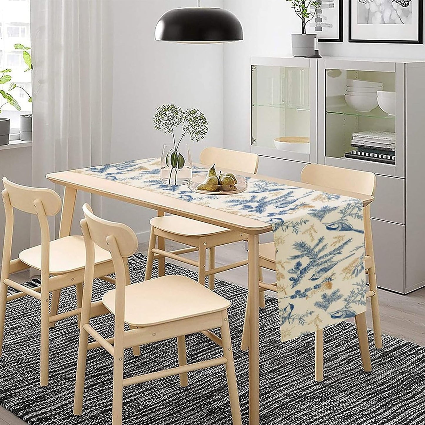 Floral Table Runner,Sketch Birds and Flowers Summer Table Runner Kitchen Dining Table Decoration for Home Party Decor 13x72 Inch