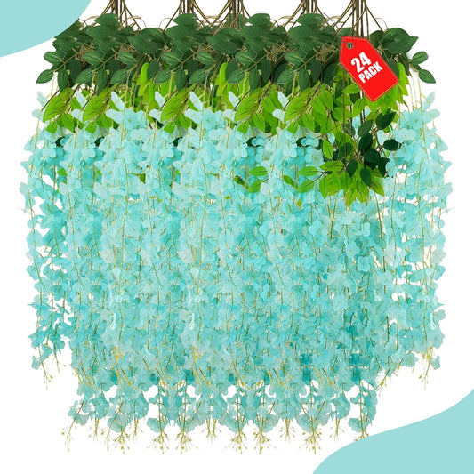 24 Pack Teal Wisteria Hanging Flowers, 3.4 Ft Fake Hanging Flowers, Artificial Wisteria Garland Vines for Wedding Room Backdrop Outdoor Patio Garden Decoration