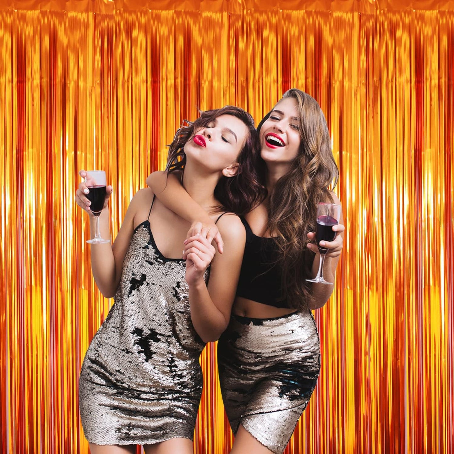 GOER 3.2 ft x 8.2 ft Metallic Tinsel Foil Fringe Curtains Party Photo Backdrop Party Streamers for Birthday,Graduation,New Year Eve Decorations Wedding Decor (5 Packs,Orange)