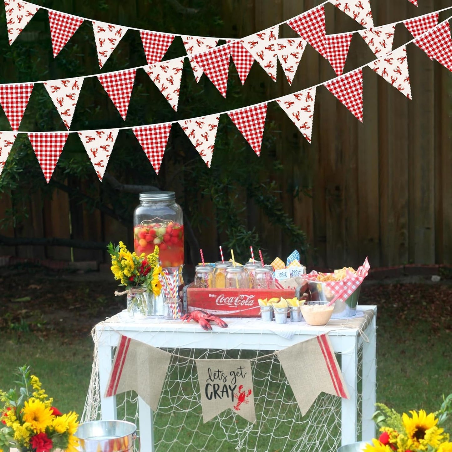 32Ft Crawfish Party Decorations Red Buffalo Plaid Crawfish Pennant Banner Fabric Triangle Flag Garland Streamers for Lobster Birthday Shrimp Seafood Boil Baby Shower Barbecue Party Decor Supplies