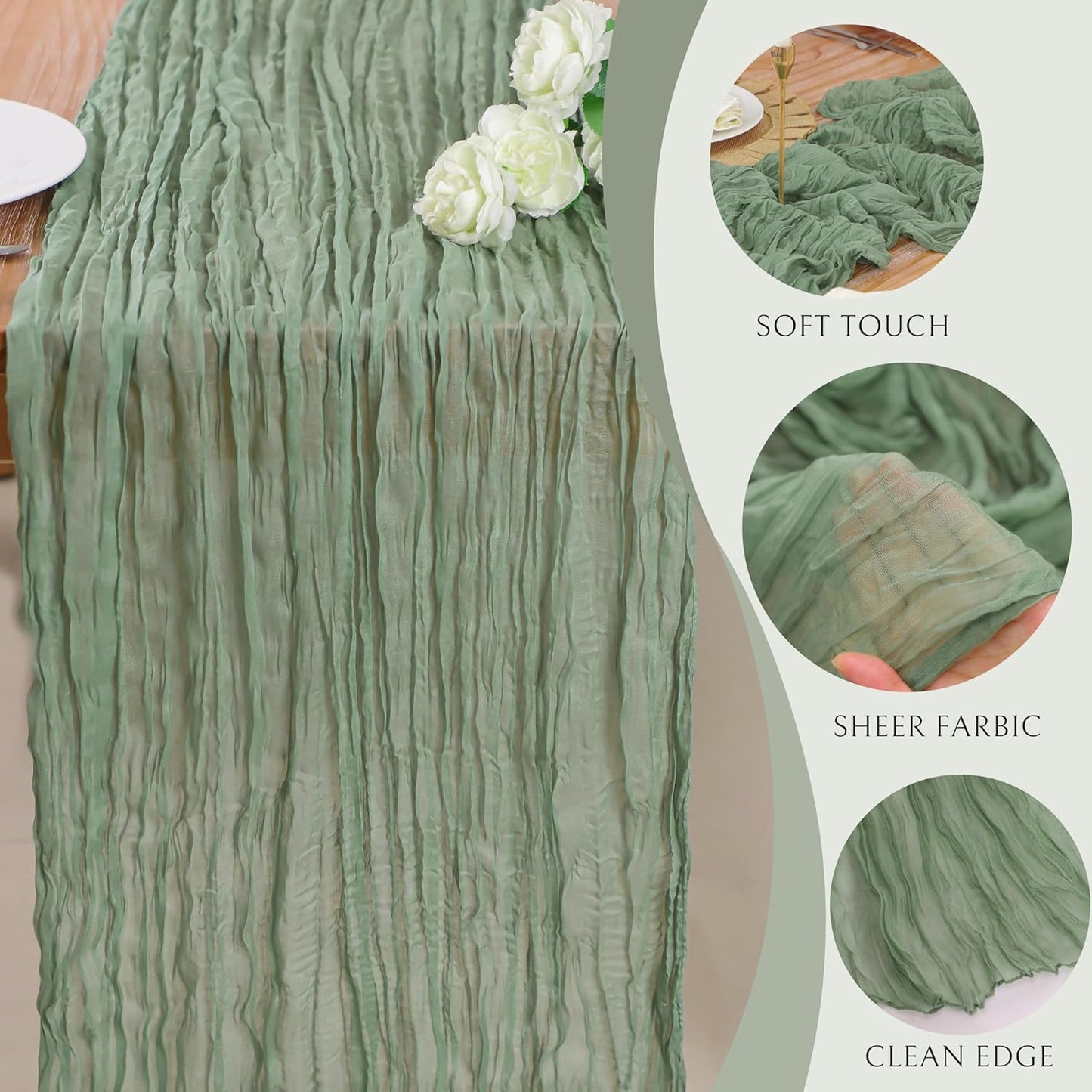 Snowkingdom Sage Green Cheesecloth Table Runner, 160 Inch 13 Ft Rustic Boho Sheer Gauze Cheese Cloth Runner for Wedding Bridal Baby Shower Birthday Home Party Table Centerpiece Deocrations