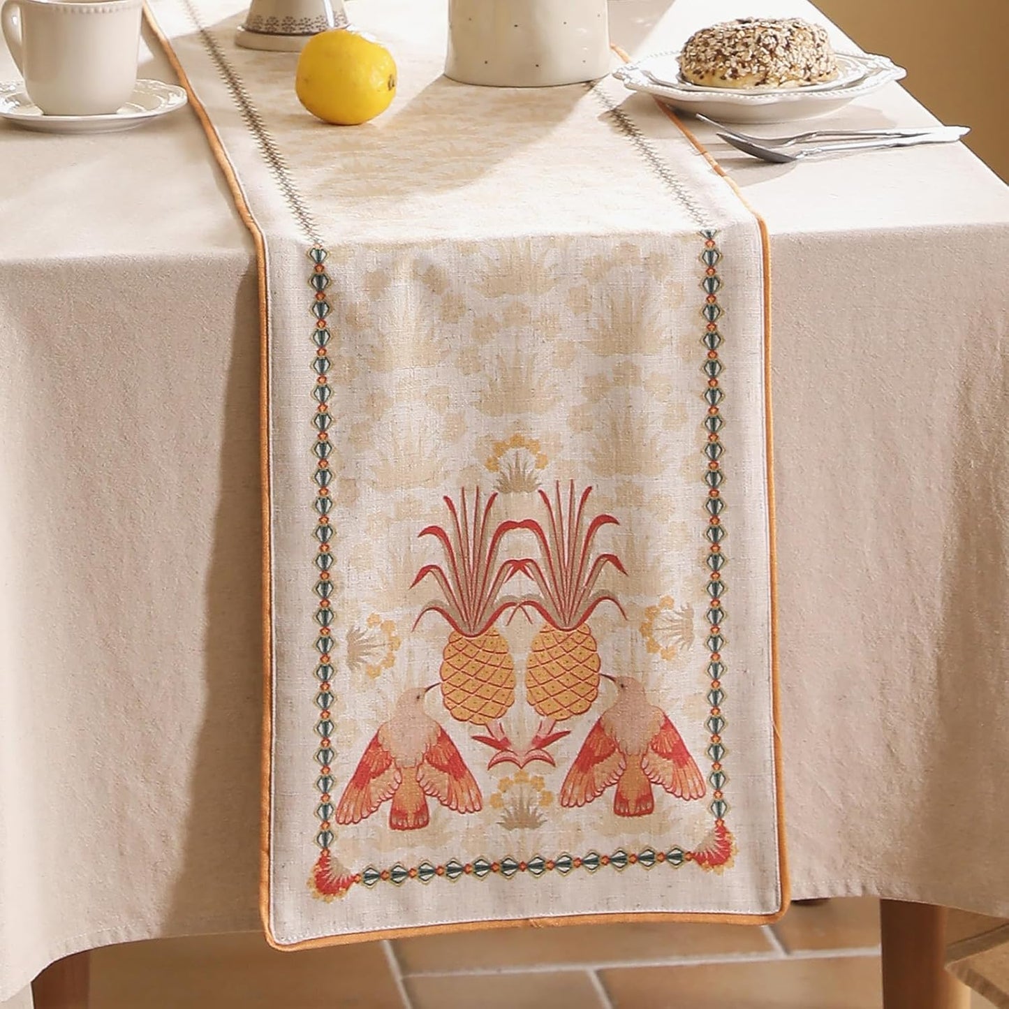 patdrea Designer Tropical Linen Table Runner 71 Inch Long, Yellow Vintage Elegant with Pineapple Pattern Table Mat,Decoration for Kitchen Dining Coffee Table Cover Banquet Christmas , 12"*71"