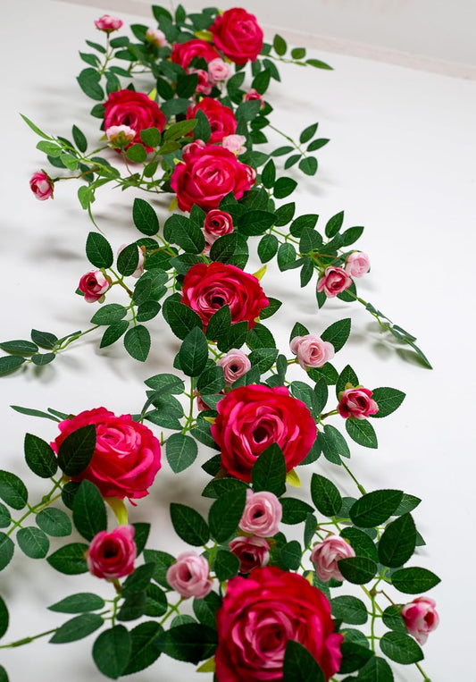 6FT Bendable Rose Flower Garland, Realistic Artificial Wild Rose Vine Flowers with 3D Butterflies Hanging for Indoor Outdoor Wall Trellis Fence Porch Home Room Balcony Fireplace Decor (Fuchsia 2pcs)