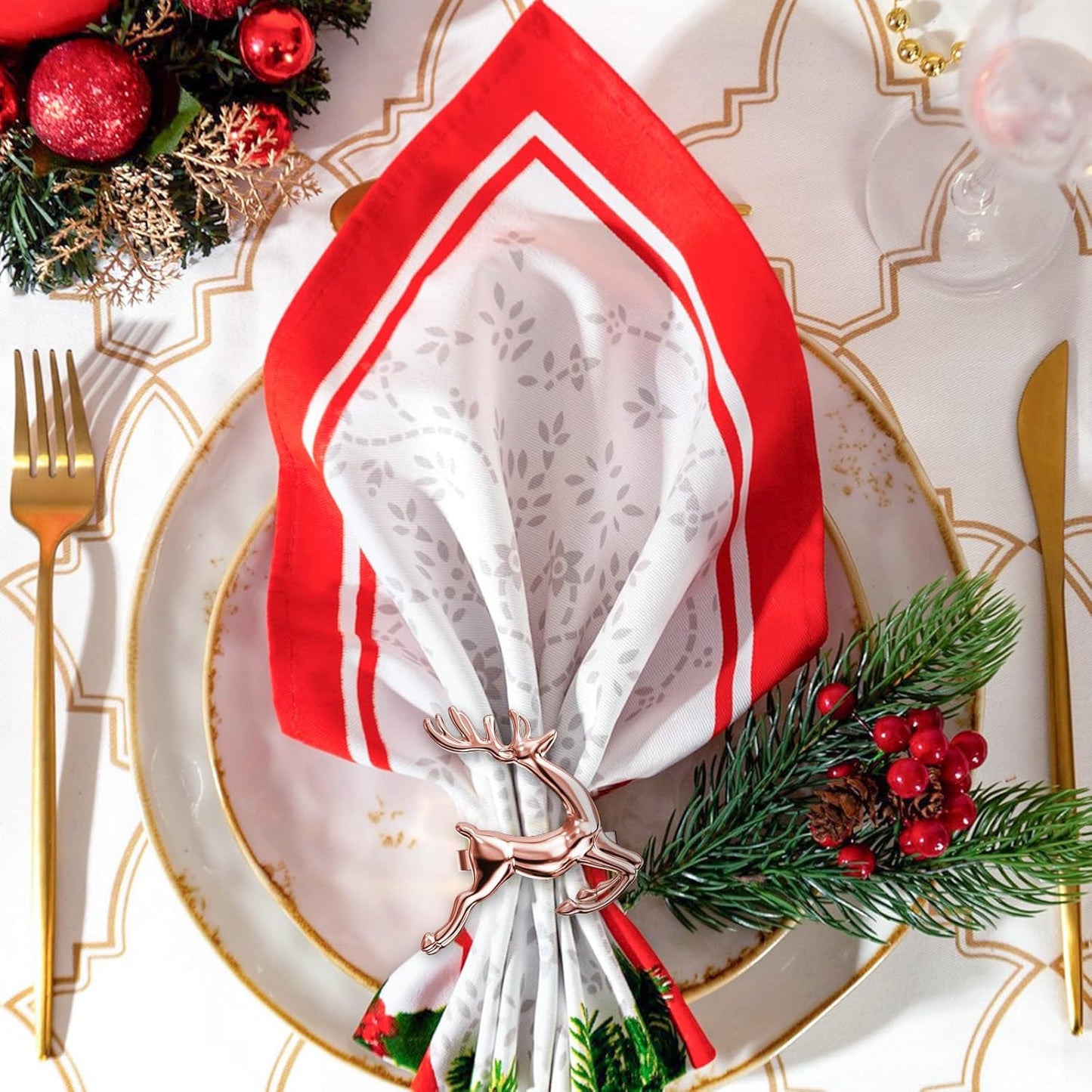 ZeeDix Set of 12 Rose Gold Elk Chic Napkin Rings for Christmas Dinning Table Setting-Wedding Receptions, Christmas, Thanksgiving and Home Kitchen for Casual or Formal