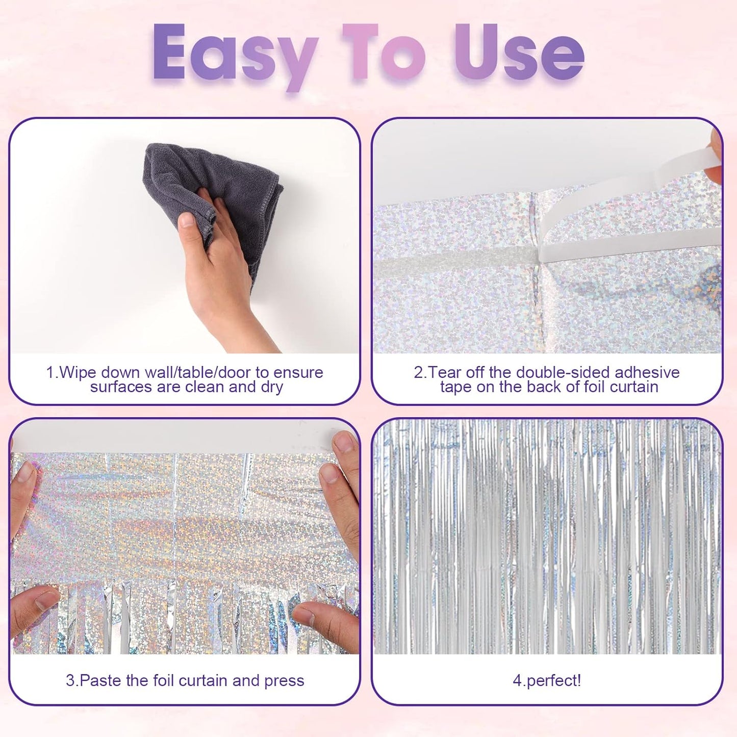 4 Pack Laser Silver Foil Fringe Backdrop Curtains, Tinsel Streamers Birthday Party Decorations, Fringe Backdrop for Graduation, Baby Shower, Gender Reveal, Disco Party