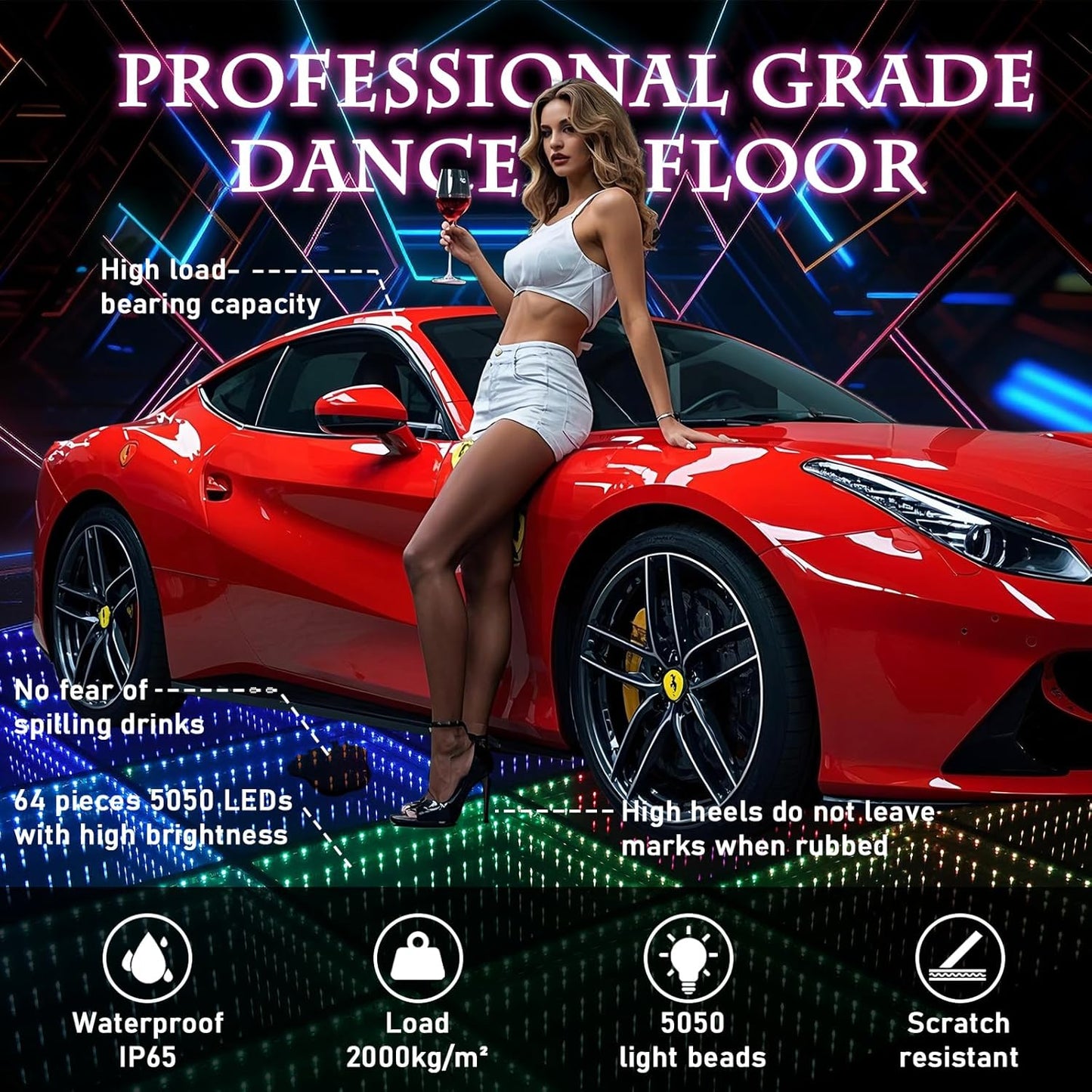 Dance Floor Stage Lights-Tempered Glass with Flight Case - RGB Color Changing Lights for Wedding, Party, Club - Non-Slip (3D -Magnetic, 16 * 16 FT)
