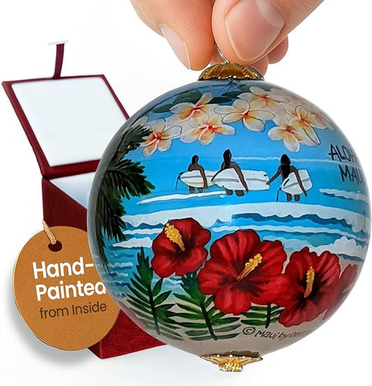 Maui Beach Life Collectible Hawaiian Ornament Hand-Painted Glass with Gift Box NB/M