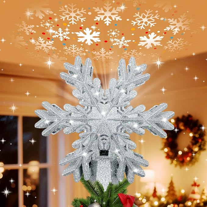 Christmas Tree Topper Lighted with Snowflake Projector, LED Rotating Snowflake, 3D Glitter Lighted Tree Topper for Christmas Tree, Hollow Design, Christmas Tree Decor for Home Office Indoor, Silver