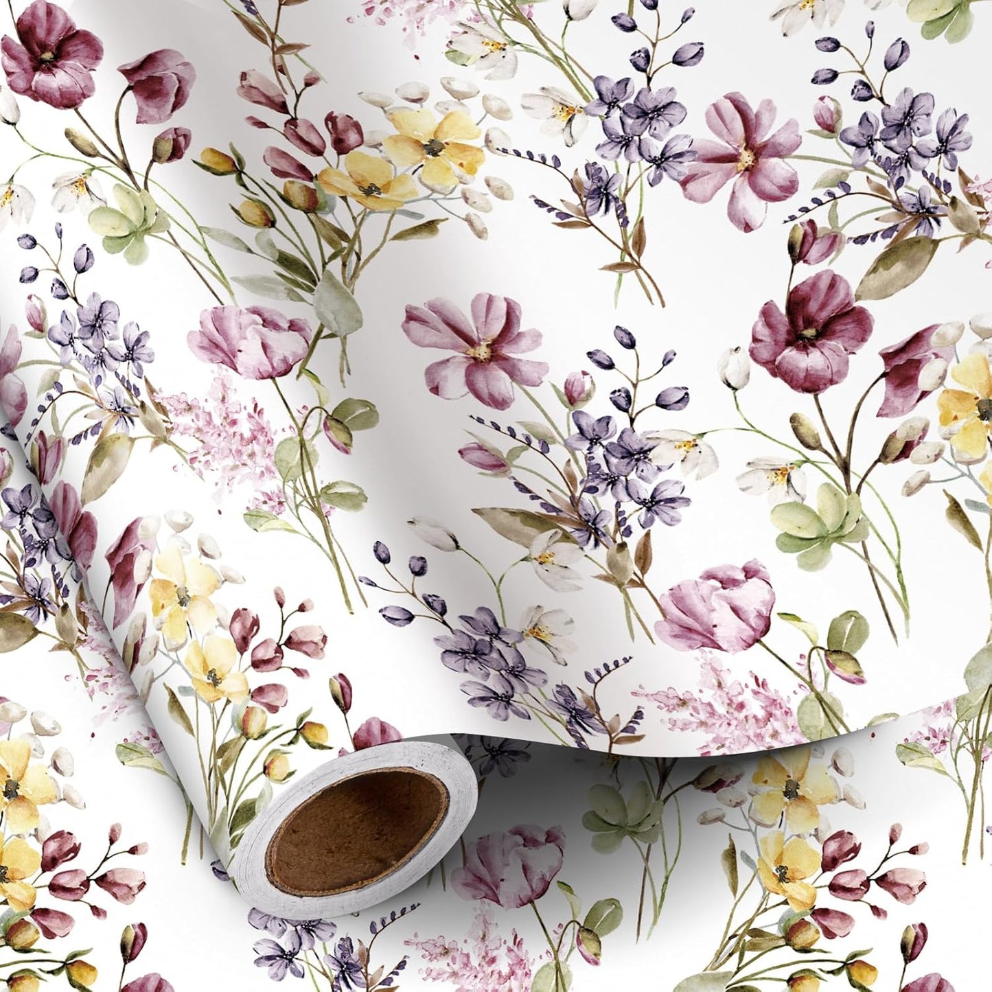 RUSPEPA Floral Wrapping Paper Roll Women Girls, Mini Roll, Watercolor Wild Flower with Delicate Leaf Gift Wrap Paper for Wedding, Birthday, Mother's Day, Spring, Bridal Shower, 17 Inch X 16.4 Feet