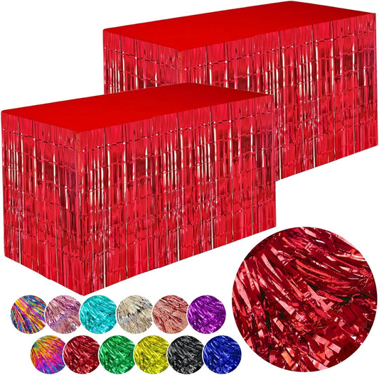 Red Streamers Party Decorations, 2 Packs Red Table Skirts Metallic Foil Fringe Tinsel for Birthday Graduation Valentine's Day Carnival Casino Wedding Float Parade Party Supplies - 29x108 Inch
