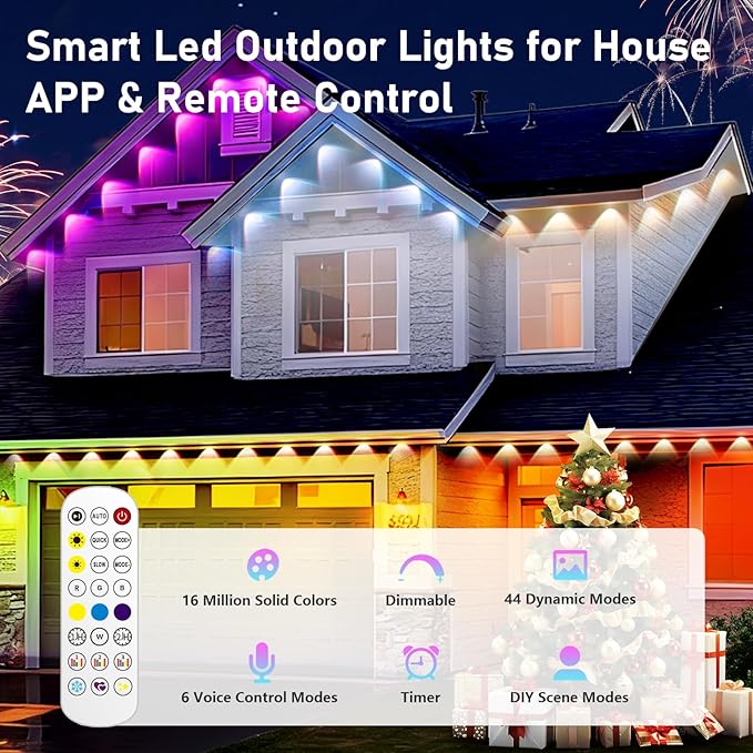 200FT Christmas Permanent Outdoor Lights,RGB+IC Eaves Lights with App & Remote Control,DIY Multi-Color Scene Modes,IP67 Waterproof,Outdoor Strings for House,Holiday Decorations for Christmas