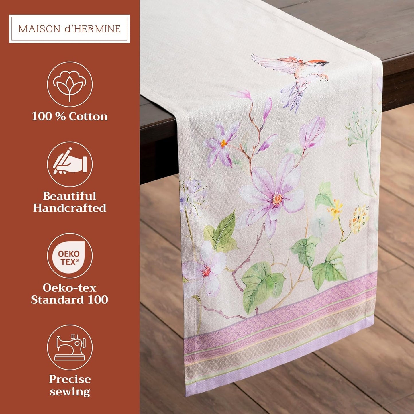 Maison d' Hermine Table Runner 100% Cotton Single Layer Table Runners 72 inches Long Decorative for Home Kitchen Dining Party Wedding Bridal Shower Spring Summer (Magnolia Mornings, 14.50" x 72")