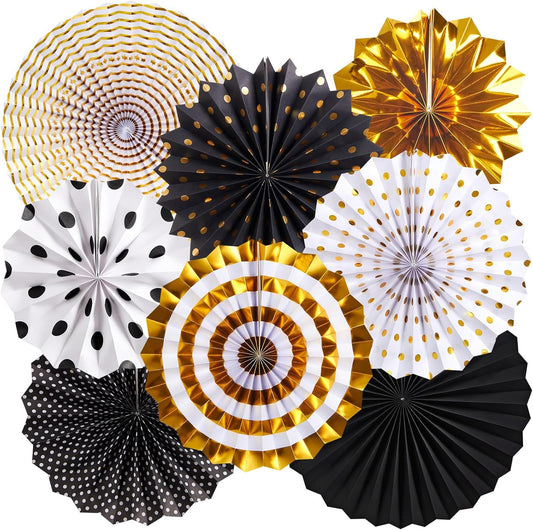 SUNBEAUTY Gold Black Paper Fans Backdrop for Tea Party Weddding Spring Birthday Classroom Baby Shower Halloween Decoration Hanging Home Party - 8Pcs