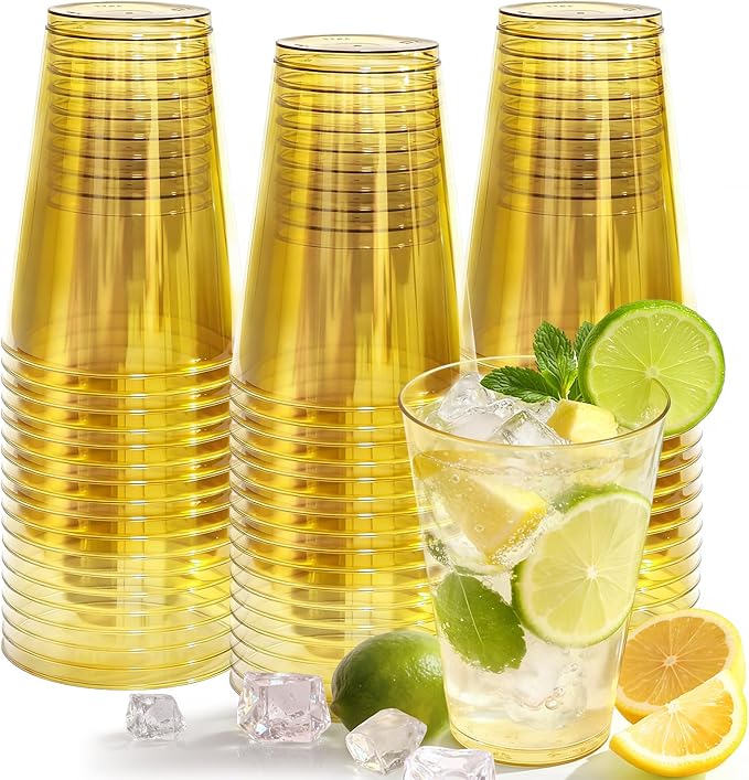 12 oz Plastic Cups Disposable Gold Clear Plastic Christmas Cups Cocktail Glasses 50 Pack Drinking Disposable Cups for Party,New Year,Birthday, Wedding, Graduation