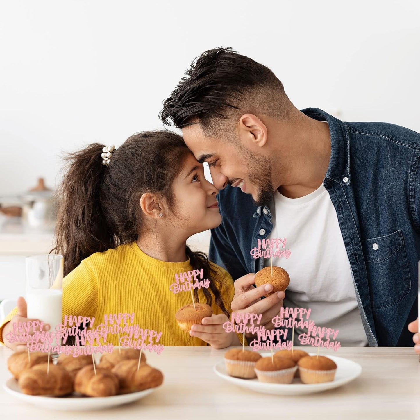 Gyufise 24Pcs Happy Birthday Cupcake Toppers Pink Glitter Celebrating Birthday Cake Picks Baby Shower Kids Birthday Party Decoration Supplies