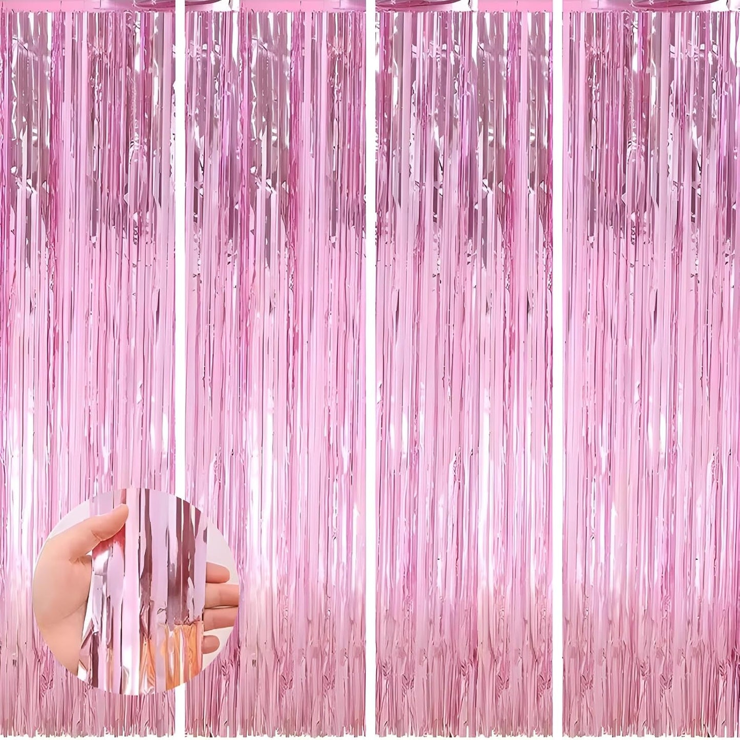 Keyali 4 Pack 3.3 * 8.3 ft Foil Curtain Metallic Tinsel Fringe Curtains Photo Booth Props Backdrop for Birthday Wedding Engagement Baby Shower Christmas Holiday Celebration Partyl,Pink
