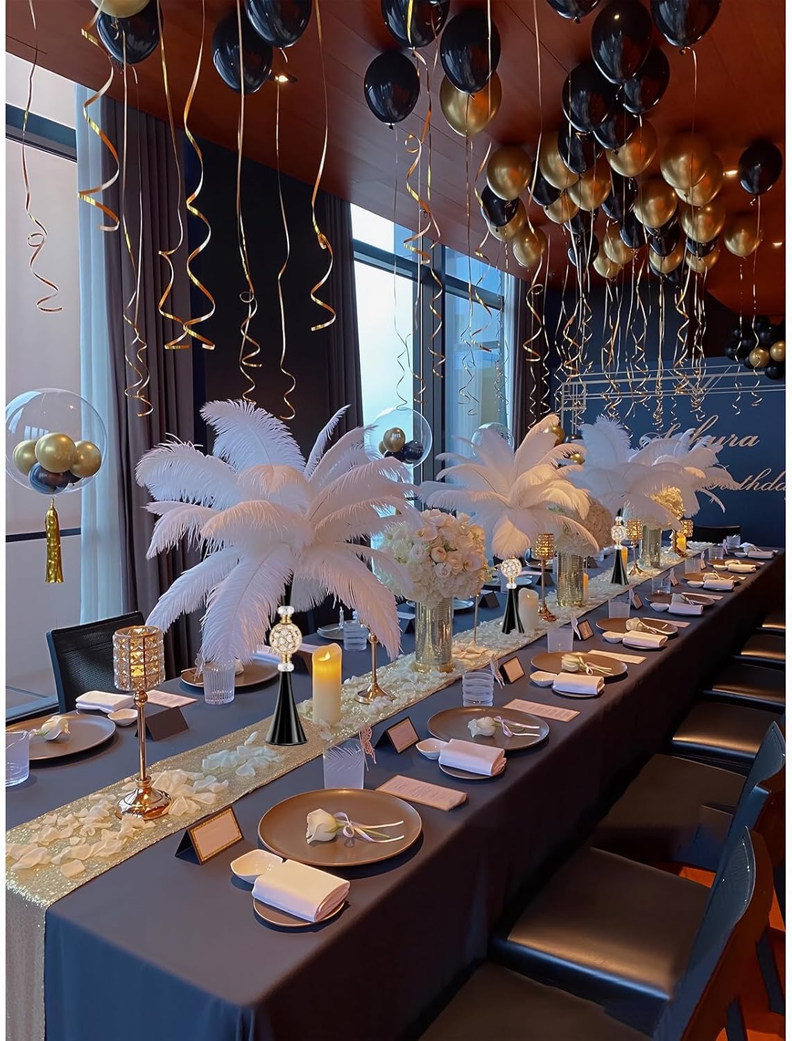 VIJIV Black Crystal Flower Vases for Centerpieces Tables - Tall Trumpet Vase for Bouquet Decorative, Dining Table Décor Flower Stand with Ribbed Texture for Events, Bridal Showers & Boho Weddings