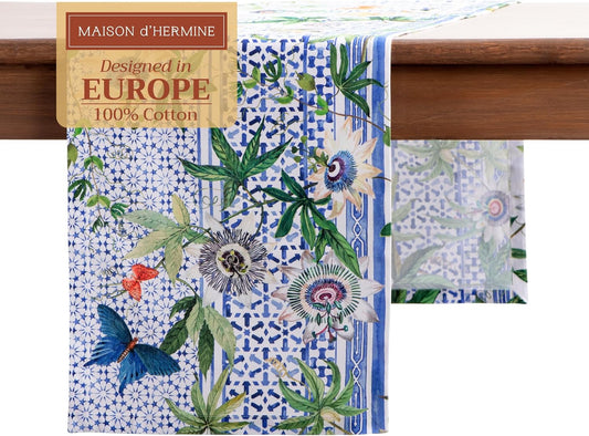 Maison d' Hermine Table Runner 100% Cotton Single Layer Table Runners 108 inches Long Decorative for Home Kitchen Dining Party Wedding Bridal Shower Spring Summer (Passiflora, 14.50" x 108")