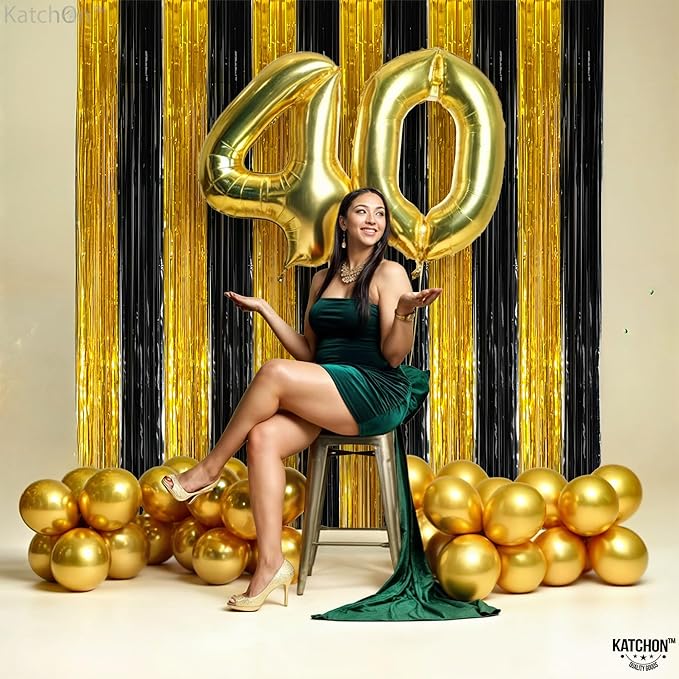 KatchOn, Xtralarge Black and Gold Streamers - 8x3.2 Feet, Pack of 2 | Black and Gold Fringe Curtain for Black and Gold Party Decorations | Black and Gold Backdrop, Graduation Decorations 2024