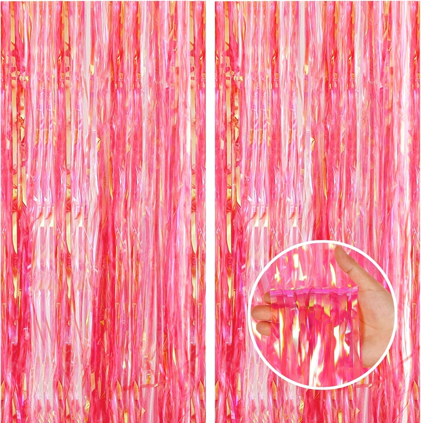 CANREVEL 2 Pack 3.2x6.5 Feet Iridescent Foil Fringe Backdrop Curtains, Clear Pink Tinsel Photo Booth Props Streamers Party Decorations for Birthdays Princess Bachelorette Euphoria Theme Party