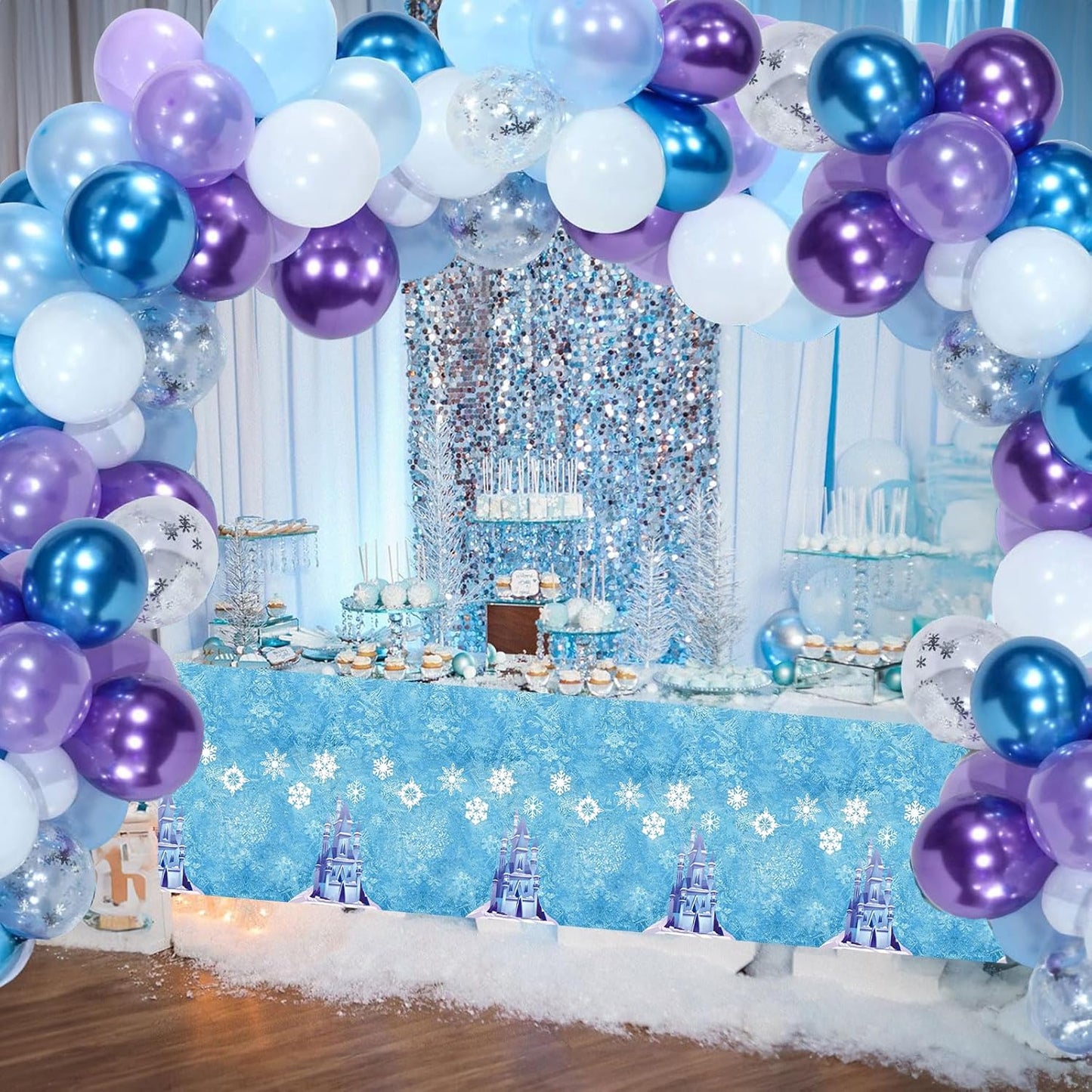 Blue Purple Snowflake Balloons Set, 12 Inch Metallic Blue Purple Balloon Snowflake Confetti Latex Balloons Metallic Silver Girls Birthday Party Decoration for Children Winter Birthday Party Supplies