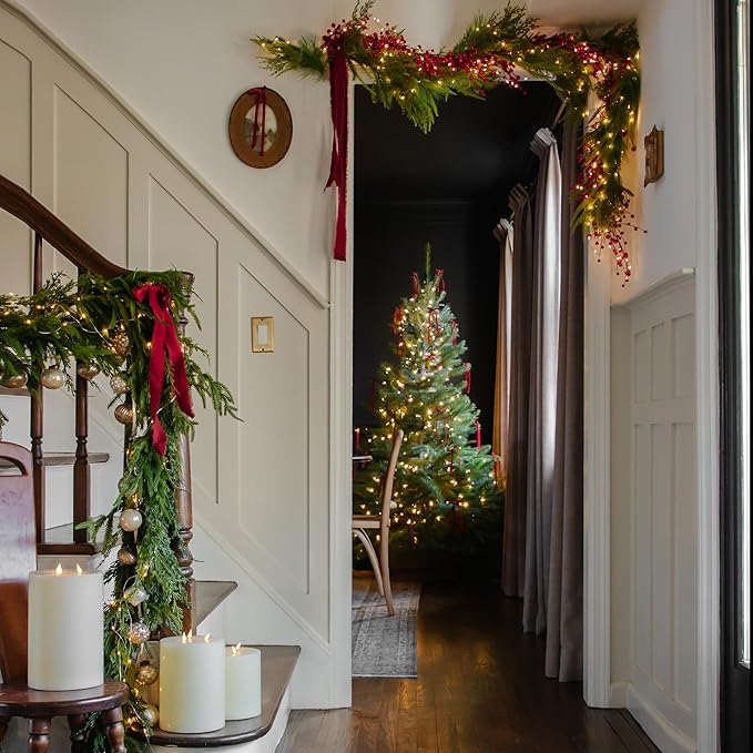 LampLust Mantle Garland with Lights Battery Operated, 6 Ft Realistic Norfolk Pine Greenery Garland for Mantle All Year Round, 100 LED Lights with Timer, Table Top Decor for Dining Table