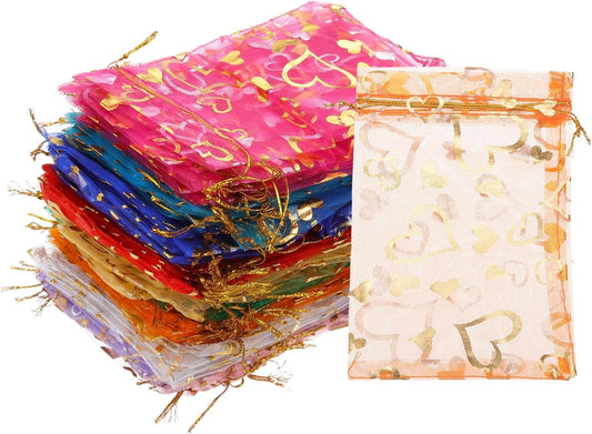 PATIKIL 100 Pcs 4x6 Inch Heart Printed Organza Bags, 10 Color Sheer Heart Organza Bags with Drawstring for Christmas Candy Jewelry Party Wedding Favor Gift
