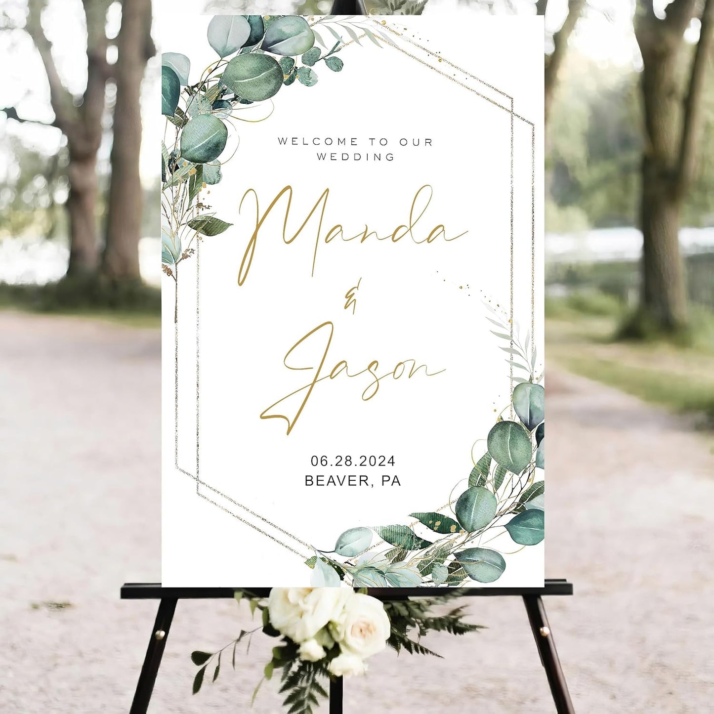 Generic Greenery Wedding Welcome Sign, 18x27 inches, Plastic, Modern Geometric