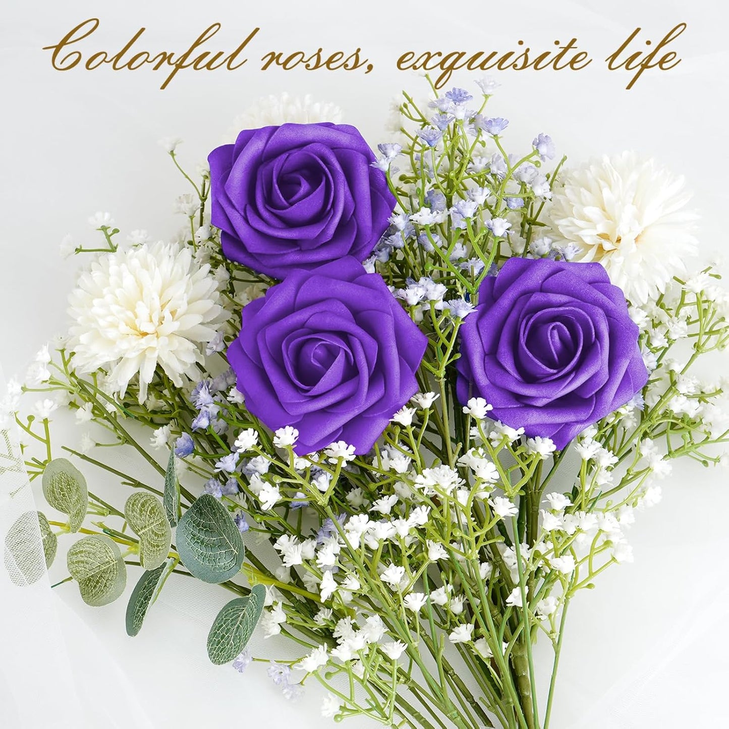 BLEUM CADE 16Pcs Artificial Flowers Fake Roses with Stems, Deep Purple Boxed Foam Roses for DIY Bouquets Centerpieces Wedding Party Arrangement Bridal Shower Decor