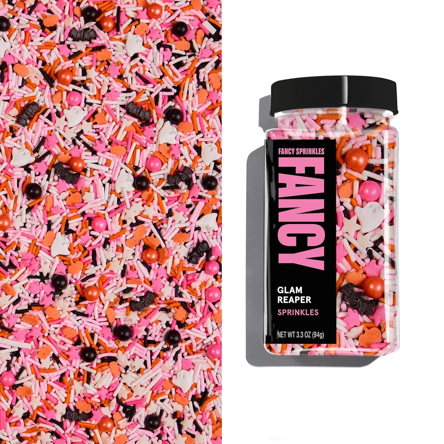 Fancy Sprinkles Limited Edition Halloween Glam Reaper Sprinkles Pink, Orange, Black, and White Crunchy Jimmies Candy Pearls, Bats and Pumpkins (0.5c)