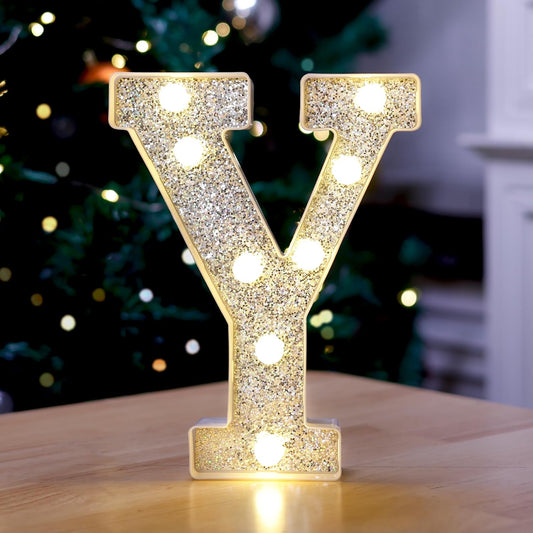 Marquee Light Up Letters, Glitter Silver LED Letter Lights Battery Powered Alphabet Letter Sign for Night Light Wedding Birthday Party Cafe Bar Decoration Girls Room Decor - Y