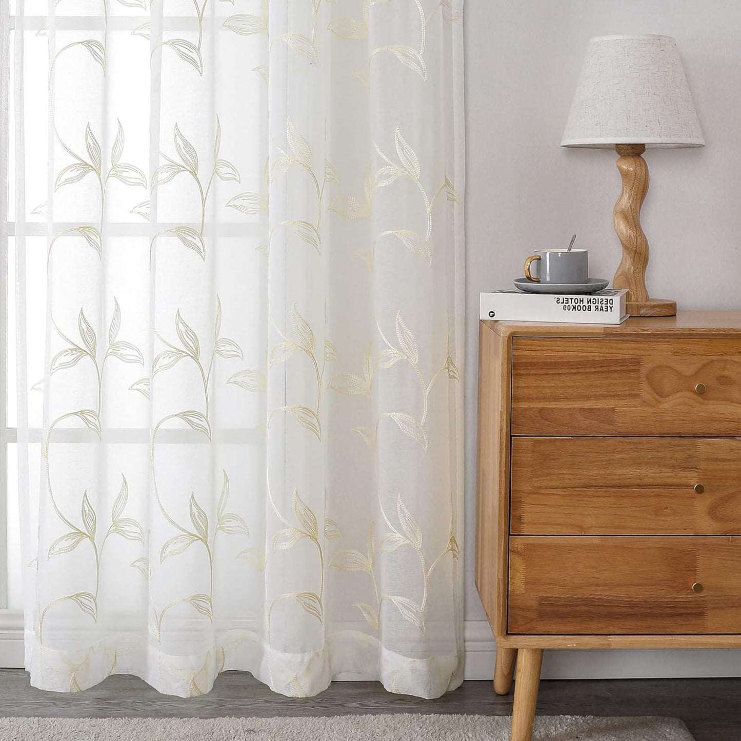 VISIONTEX Sheer Curtains 63 inch Length 2 Panels Set, White Voile Crushed Cream Vine Leaves Embroidery, Rod Pocket Embroidered Window Drapes for Living Room and Bedroom, 54" x 63"