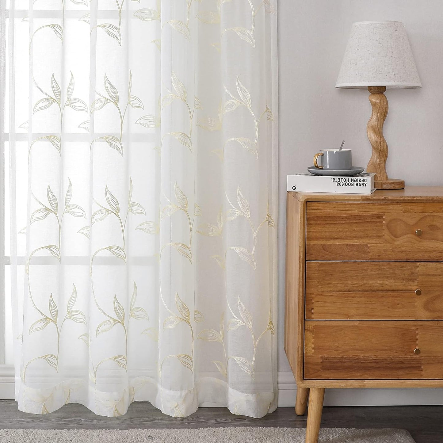 VISIONTEX Sheer Curtains 108 inch Length 2 Panels Set, White Voile Crushed Cream Vine Leaves Embroidery, Rod Pocket Embroidered Window Drapes for Living Room and Bedroom, 54" x 108"