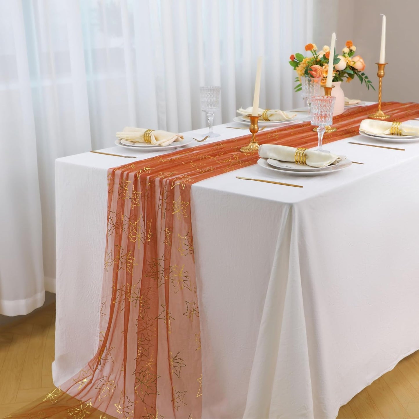 Snowkingdom Terracotta Gold Table Runner 10Ft, Gold Maple Leaves Burnt Orange Gauze Chiffon Runners 120 Inch, Fall Glitter Dining Table Centerpieces Decorations for Thanksgiving Autumn Harvest Party
