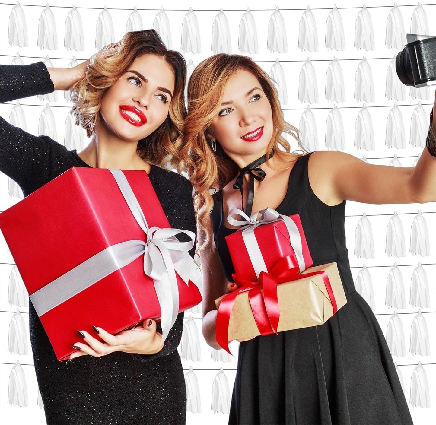 8P White Foil Fringe Metallic Tassel Streamers Banner Tassel Garland for Parade Floats, Graduation, Wedding, Birthday, Halloween, Christmas, Bridal/Baby Shower Party Decorations