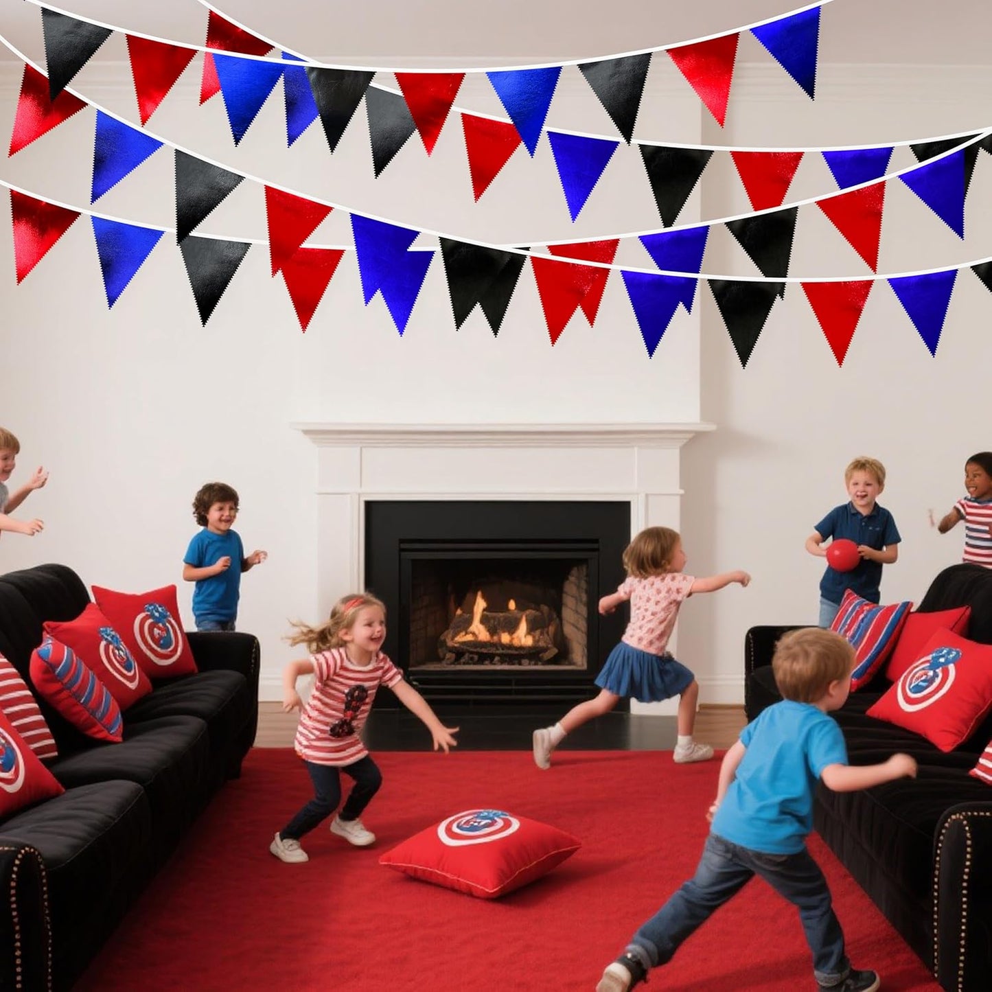 Navy Blue Red Black Party Decorations Metallic Fabric Triangle Pennant Banner Flag Bunting Garland for Graduations Birthday Retirement 4th of July USA Patriotic Veterans Party Decorations Supplies