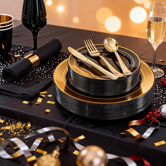 WELLIFE 350PCS Black and Gold Plastic Plates - Plastic Dinnerware Set for 50 Guests,Include 50 Dinner Plates, 50 Dessert Plates, 50 Black Cups 9 OZ, 50 Pre Rolled Napkins with Gold Silverware